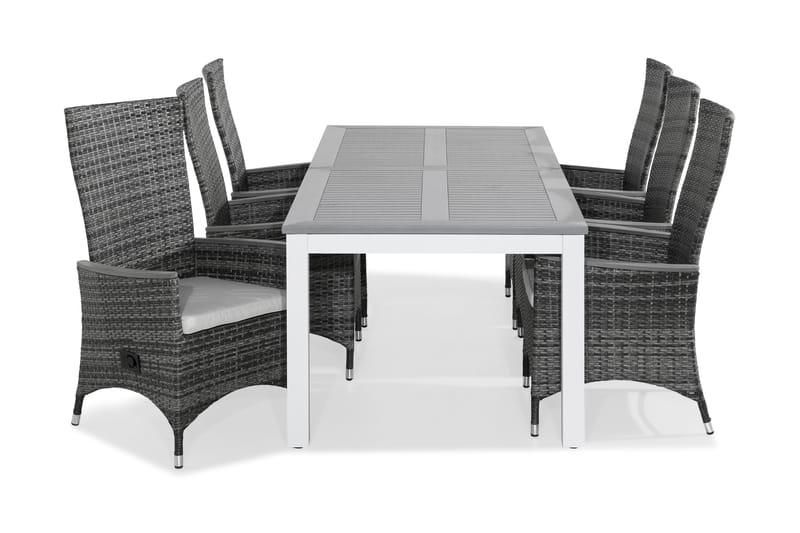 Monaco Matgrupp Utomhus 220-280x100 + 6 Jenny Fåtölj Ställbar m Dyna - Vit/Grå/Offwhite - Utemöbler - Utegrupp - Matgrupp utomhus