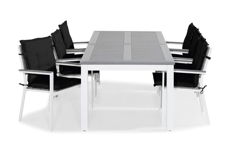 Monaco Matgrupp Utomhus 220-280x100 + 6 Tunis Stapelstol m Dyna - Vit/Grå/Svart - Utemöbler - Utegrupp - Matgrupp utomhus