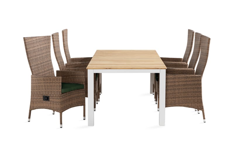 Oliver Matgrupp Utomhus 210x100 + 6 Jenny Fåtölj Ställbar m Dyna - Vit/Teak/Sand/Grön - Utemöbler - Utegrupp - Matgrupp utomhus