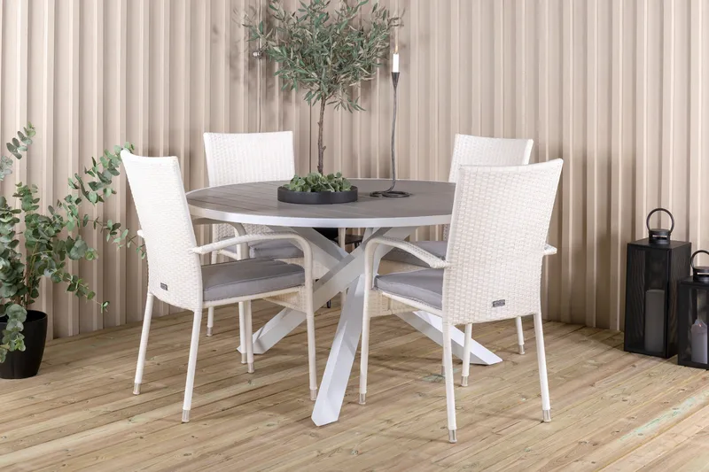 Parma Matgrupp Utomhus Rund Ø140cm + 4 Anna Karmstolar - Vit - Utemöbler - Utegrupp - Matgrupp utomhus