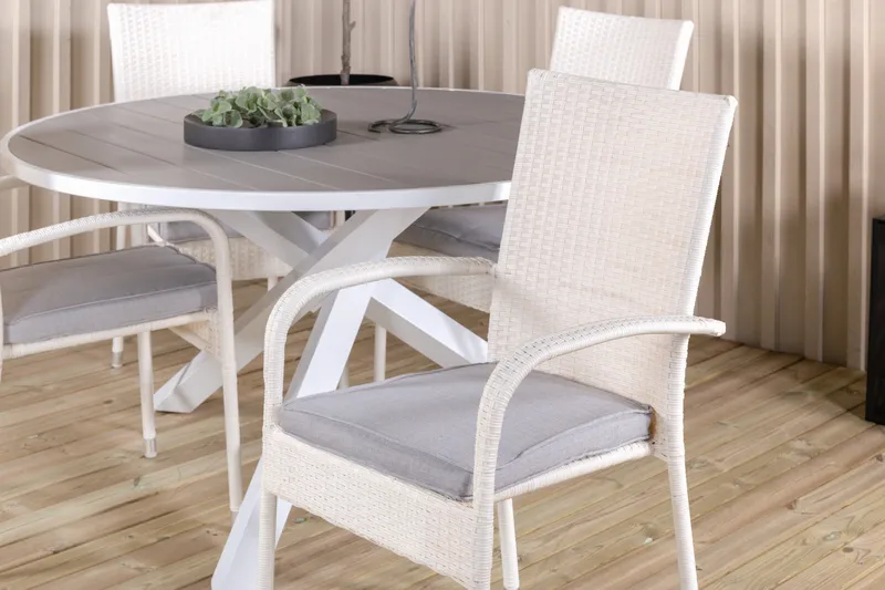 Parma Matgrupp Utomhus Rund Ø140cm + 4 Anna Karmstolar - Vit - Utemöbler - Utegrupp - Matgrupp utomhus