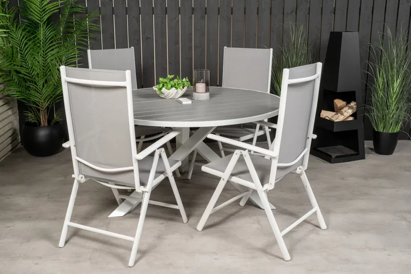 Parma Matgrupp Utomhus Rund Ø140cm + 4 Break Positionsstolar - Vit/Grå - Utemöbler - Utegrupp - Matgrupp utomhus