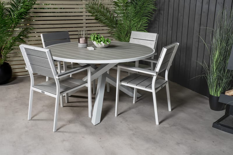 Parma Matgrupp Utomhus Rund Ø140cm + 4 Levels Stapelbara Matstolar - Vit - Utemöbler - Utegrupp - Matgrupp utomhus