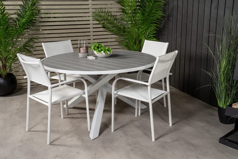 Parma Matgrupp Utomhus Rund Ø140cm + 4 Santorini Karmstolar - Vit - Utemöbler - Utegrupp - Matgrupp utomhus
