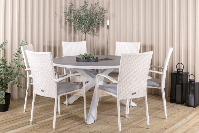 Parma Matgrupp Utomhus Rund Ø140cm + 6 Anna Karmstolar - Vit - Utemöbler - Utegrupp - Matgrupp utomhus