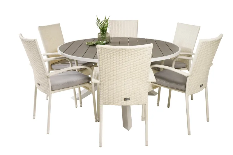 Parma Matgrupp Utomhus Rund Ø140cm + 6 Anna Karmstolar - Vit - Utemöbler - Utegrupp - Matgrupp utomhus