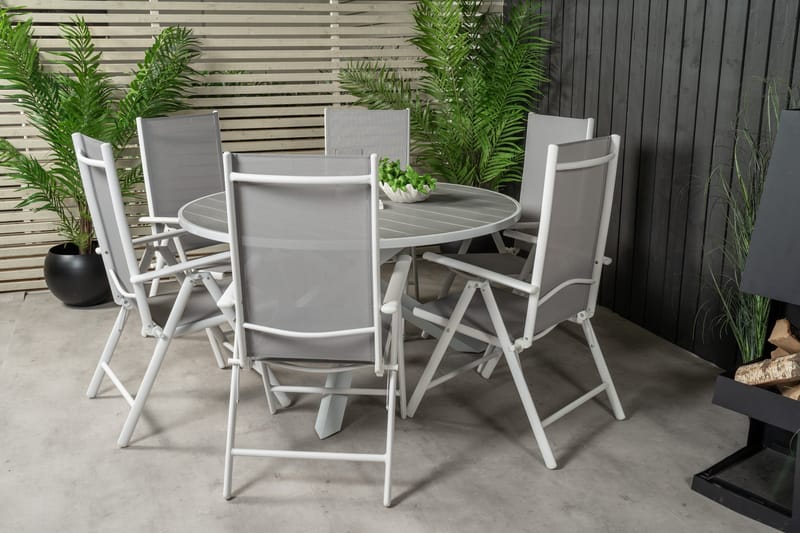 Parma Matgrupp Utomhus Rund Ø140cm + 6 Break Positionsstolar - Vit/Grå - Utemöbler - Utegrupp - Matgrupp utomhus