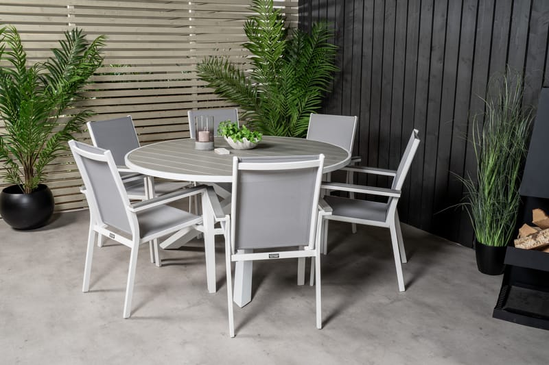 Parma Matgrupp Utomhus Rund Ø140cm + 6 Karmstolar - Vit/Grå - Utemöbler - Utegrupp - Matgrupp utomhus