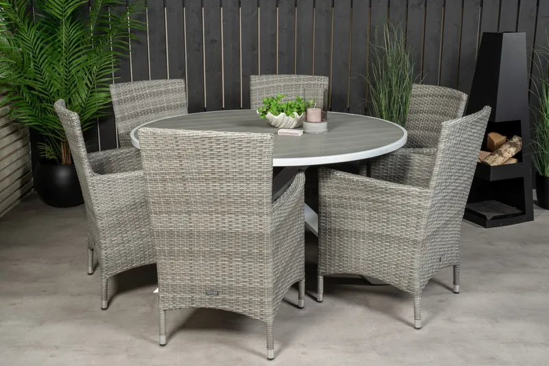Parma Matgrupp Utomhus Rund Ø140cm + 6 Malin Karmstolar - Natur - Utemöbler - Utegrupp - Matgrupp utomhus