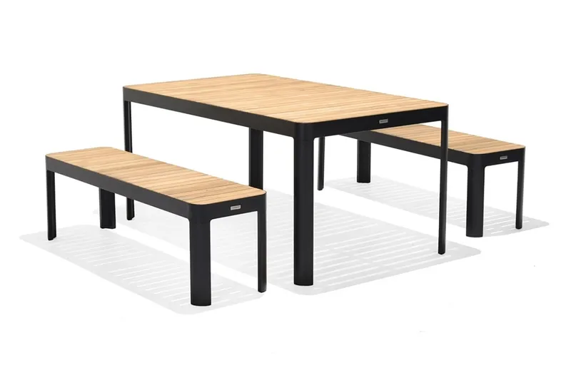 Portals Matgrupp Utomhus 161x95 cm + 2 Bänkar, Teak/Svart