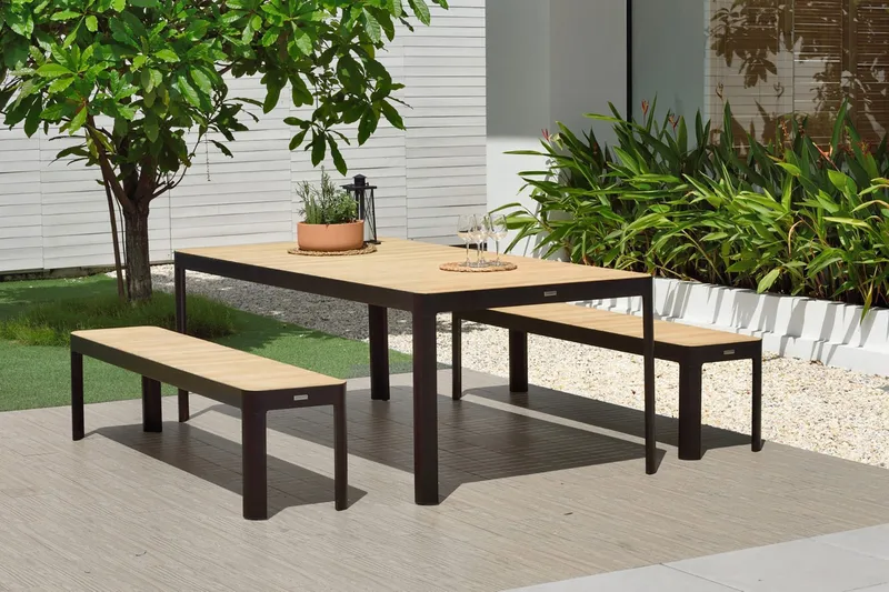 Portals Matgrupp Utomhus 161x95 cm + 2 Bänkar - Teak/Svart - Utemöbler - Utegrupp - Matgrupp utomhus