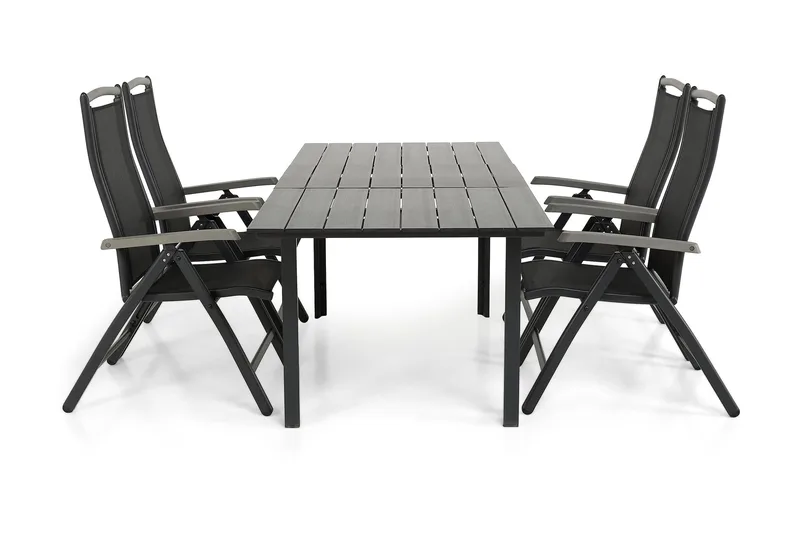 Portland Matgrupp Utomhus 152-210x90 + 4 Monaco Lyx Positionsstol, Svart/Grå