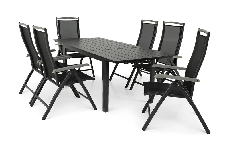 Portland Matgrupp Utomhus 152-210x90 + 6 Monaco Lyx Positionsstol - Svart/Grå - Utemöbler - Utegrupp - Matgrupp utomhus