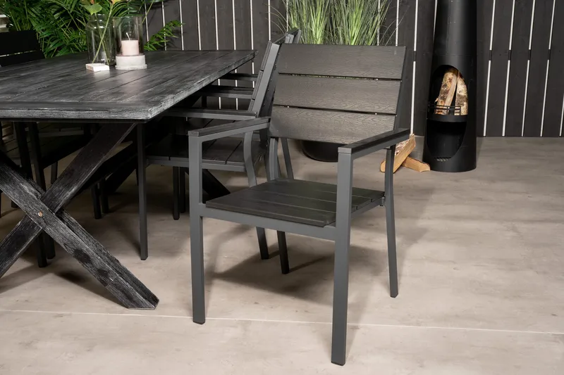 Rives Matgrupp Utomhus 200cm + 6 Levels Stapelbara Matstolar - Svart - Utemöbler - Utegrupp - Matgrupp utomhus