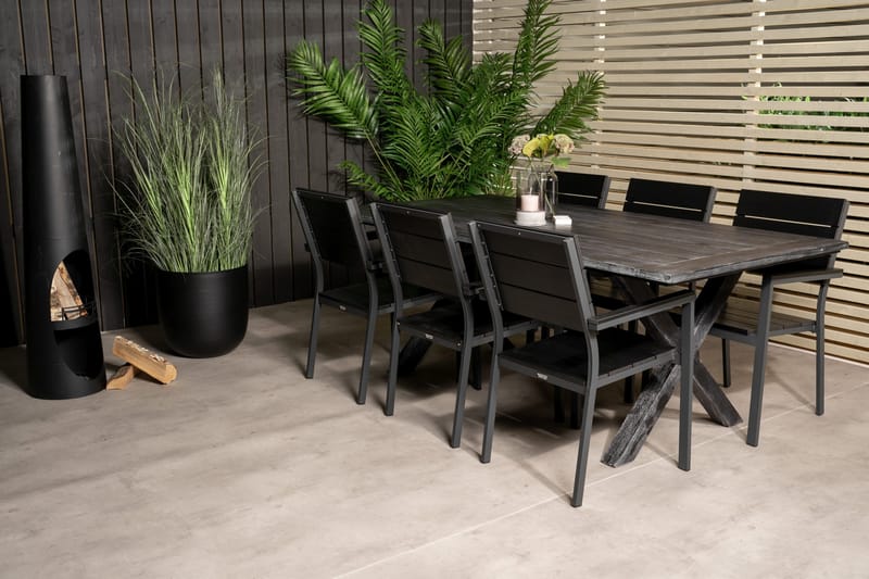 Rives Matgrupp Utomhus 200cm + 6 Levels Stapelbara Matstolar - Svart - Utemöbler - Utegrupp - Matgrupp utomhus