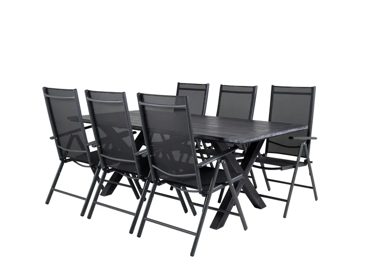 Rives Matgrupp Utomhus 200cm + 6 Break Positionsstolar, Svart/Grå