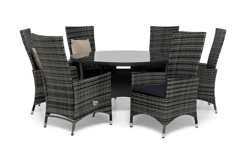 Round Matgrupp Ø140 + 6 Jenny Ställbar Fåtölj m Dyna, Svart/Grå