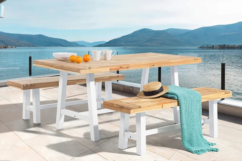 Scania Trädgårdmöbelset 170 cm + 2 Bänkar Utomhus, Vit