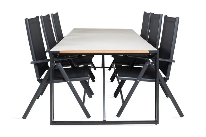 Texas Matgrupp Utomhus 200cm + 6 Break Positionsstolar, Svart/Grå