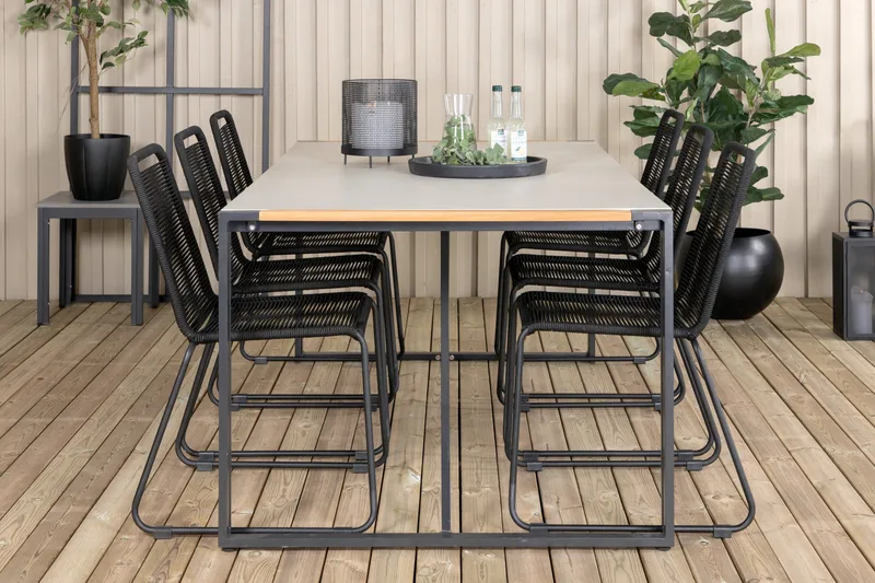 Texas Matgrupp Utomhus 200cm + 6 Lindos Stapelbara Matstolar - Svart - Utemöbler - Utegrupp - Matgrupp utomhus