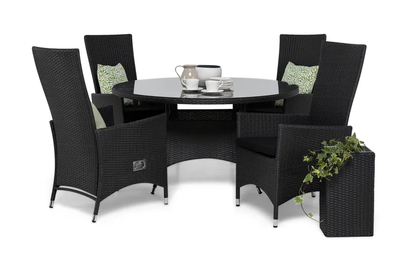 Thor Matgrupp Ø140 + 4 Jenny Ställbar Fåtölj m Dyna - Svart - Utemöbler - Utegrupp - Matgrupp utomhus