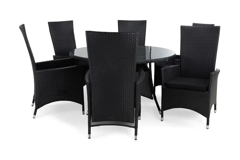 Thor Matgrupp Ø140 + 6 Jenny Ställbar Fåtölj m Dyna - Svart/Svart/Svart - Utemöbler - Utegrupp - Matgrupp utomhus