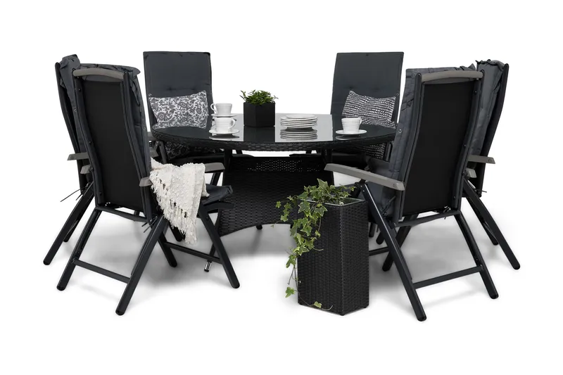 Thor Matgrupp Ø140 + 6 Monaco Lyx Positionsstol m Dyna - Svart/Svart/Grå - Utemöbler - Utegrupp - Matgrupp utomhus
