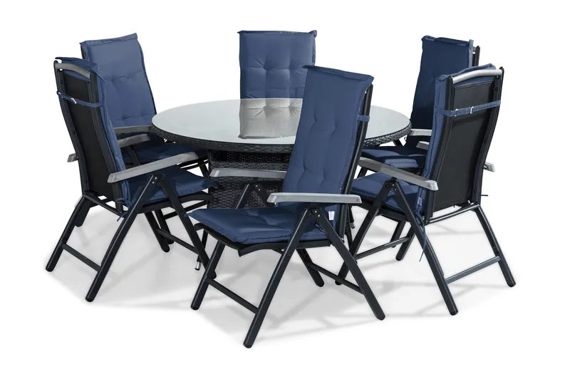 Thor Matgrupp 140 Rund + 6 Monaco Positionsstol m Dyna - Svart/Grå/Blå - Utemöbler - Utegrupp - Matgrupp utomhus