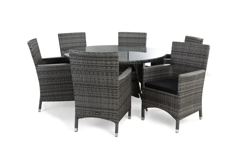 Thor Matgrupp Utomhus Ø140 + 4 Fåtölj Lyx m Armstöd m Dyna - Grå/Grå/Aintwood/Svart - Utemöbler - Utegrupp - Matgrupp utomhus