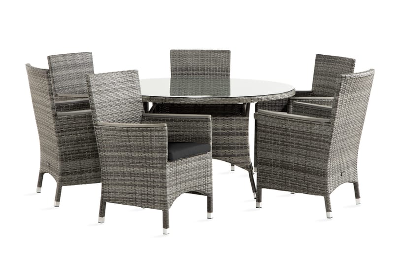 Thor Matgrupp Utomhus Ø140 + 4 Fåtölj Lyx m Armstöd m Dyna - Grå/Grå/Aintwood/Svart - Utemöbler - Utegrupp - Matgrupp utomhus