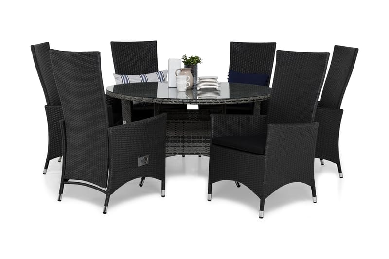 Thor Matgrupp Utomhus Ø140 + 6 Jenny Ställbar Fåtölj m Dyna, Grå/Svart