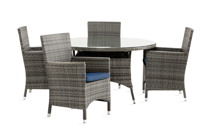 Thor Matgrupp Utomhus 140 Rund + 4 Thor Lyx Stol m Armledare m Dyna, Grå/Aintwood/Blå