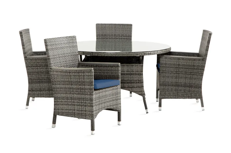 Thor Matgrupp Utomhus 140 Rund + 4 Thor Lyx Stol m Armledare m Dyna, Grå/Aintwood/Blå