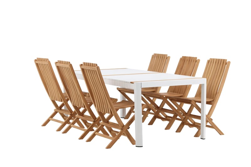 Togo Matgrupp Utomhus 200x100 cm + 6 Ghana Hopfällbar Stol - Vit/Brun - Utemöbler - Utegrupp - Matgrupp utomhus