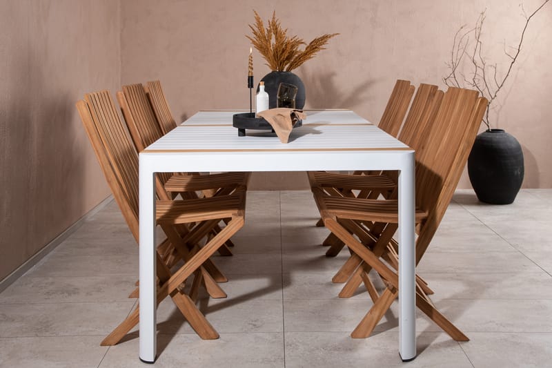 Togo Matgrupp Utomhus 200x100 cm + 6 Ghana Hopfällbar Stol - Vit/Brun - Utemöbler - Utegrupp - Matgrupp utomhus