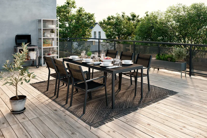 Tunis Matgrupp 205x90 cm + 6 Tunis Stapelstol - Svart/Svart - Utemöbler - Utegrupp - Matgrupp utomhus