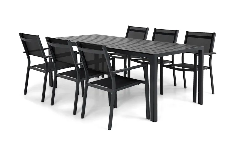 Tunis Matgrupp 205x90 cm + 6 Tunis Stapelstol - Svart/Svart - Utemöbler - Utegrupp - Matgrupp utomhus