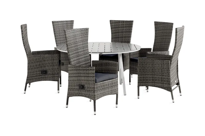 Tunis Matgrupp Utomhus 140 Rund + 6 Jenny Fåtölj Ställbar m Dyna, Vit/Grå