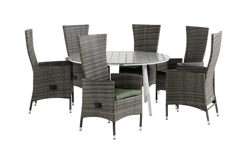 Tunis Matgrupp Utomhus 140 Rund + 6 Jenny Fåtölj Ställbar m Dyna, Vit/Grå/Grön