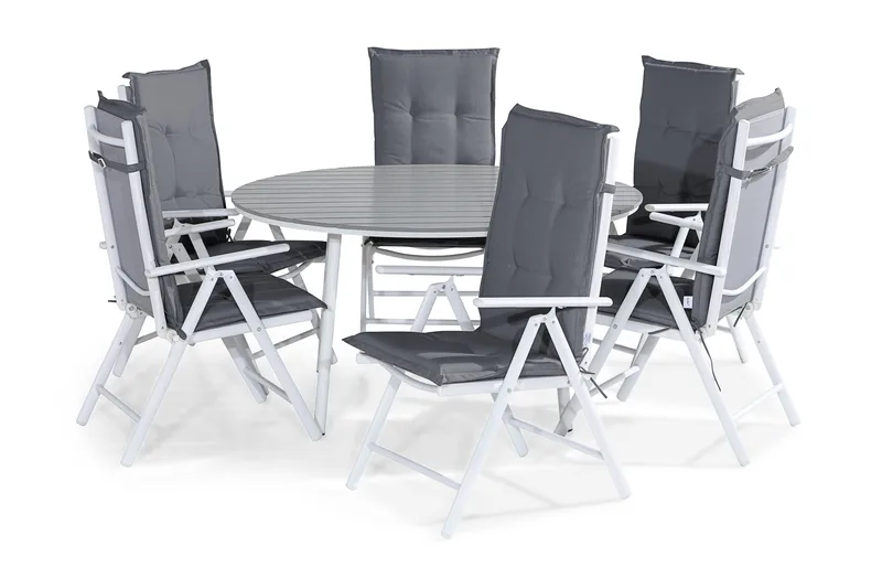 Tunis Matgrupp Utomhus 140 Rund + 6 Maggie Positionsstol m Dyna, Vit/Grå
