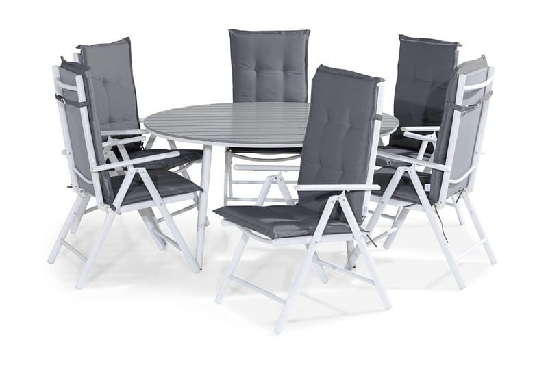 Tunis Matgrupp Utomhus 140 Rund + 6 Maggie Positionsstol m Dyna, Vit/Grå