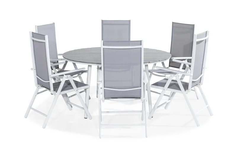Tunis Matgrupp Utomhus 140 Rund + 6 Maggie Positionsstol, Vit/Grå