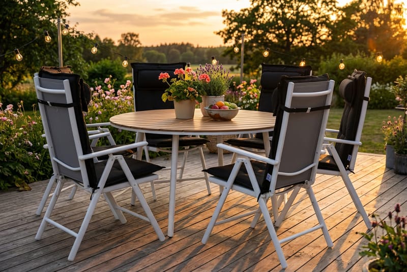 Tunis Matgrupp Utomhus 140 Rund + 6 Maggie Positionsstol m Dyna - Vit/Grå/Svart - Utemöbler - Utegrupp - Matgrupp utomhus