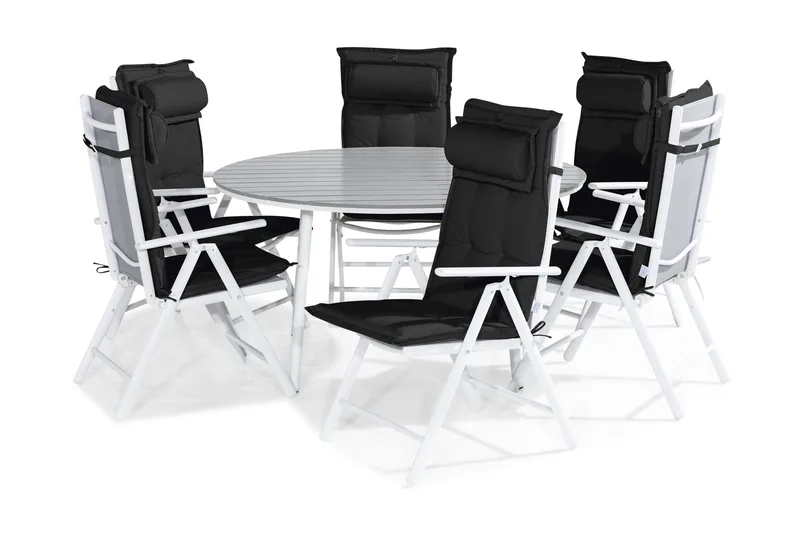 Tunis Matgrupp Utomhus 140 Rund + 6 Maggie Positionsstol m Dyna, Vit/Grå/Svart