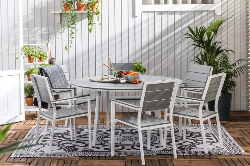 Tunis Matgrupp Utomhus 140 Rund + 6 Stapelstolar - Vit/Grå - Utemöbler - Utegrupp - Matgrupp utomhus