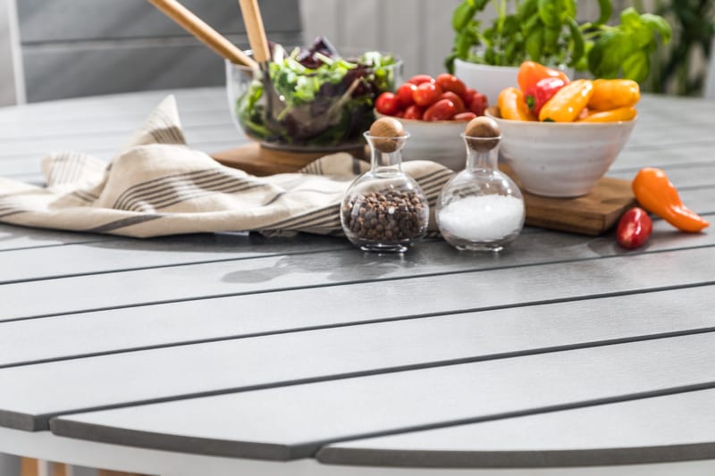 Tunis Matgrupp Utomhus 140 Rund + 6 Stapelstolar - Vit/Grå - Utemöbler - Utegrupp - Matgrupp utomhus