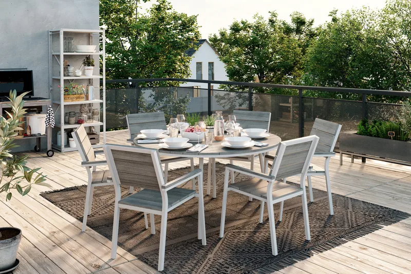 Tunis Matgrupp Utomhus 140 Rund + 6 Stapelstolar - Vit/Grå - Utemöbler - Utegrupp - Matgrupp utomhus