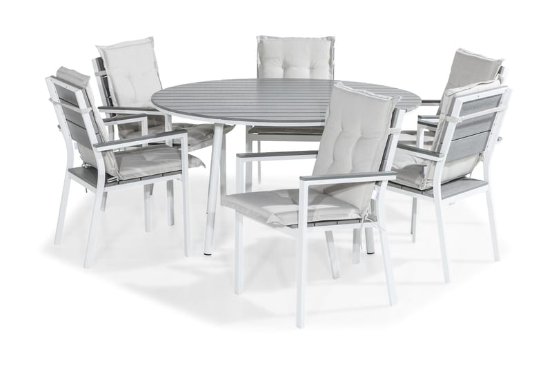 Tunis Matgrupp Utomhus 140 Rund + 6 Tunis Stapelstol m Dyna - Vit/Grå/Offwhite - Utemöbler - Utegrupp - Matgrupp utomhus