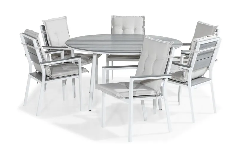 Tunis Matgrupp Utomhus 140 Rund + 6 Tunis Stapelstol m Dyna, Vit/Grå/Offwhite
