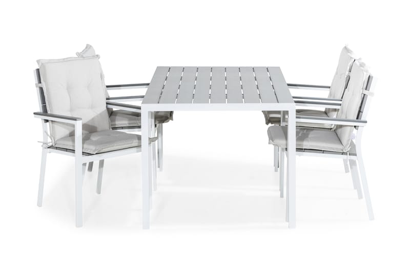 Tunis Matgrupp Utomhus 150x90 + 4 Tunis Stapelstol m Dyna, Vit/Grå/Offwhite